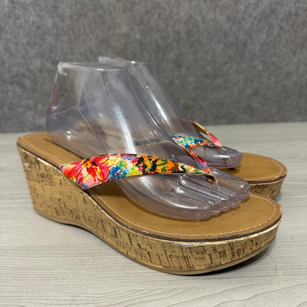 Montego Bay Club Womens Sz 10 Multicolor‎ Floral Cork Wedge Thong Sandals